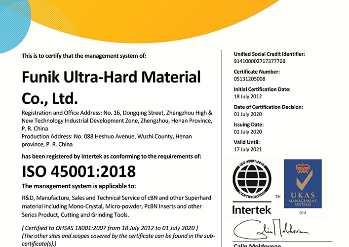 富耐克ISO45001英文版证书